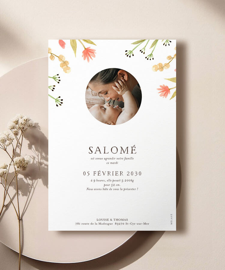 Faire-part naissance couronne de fleur pastel